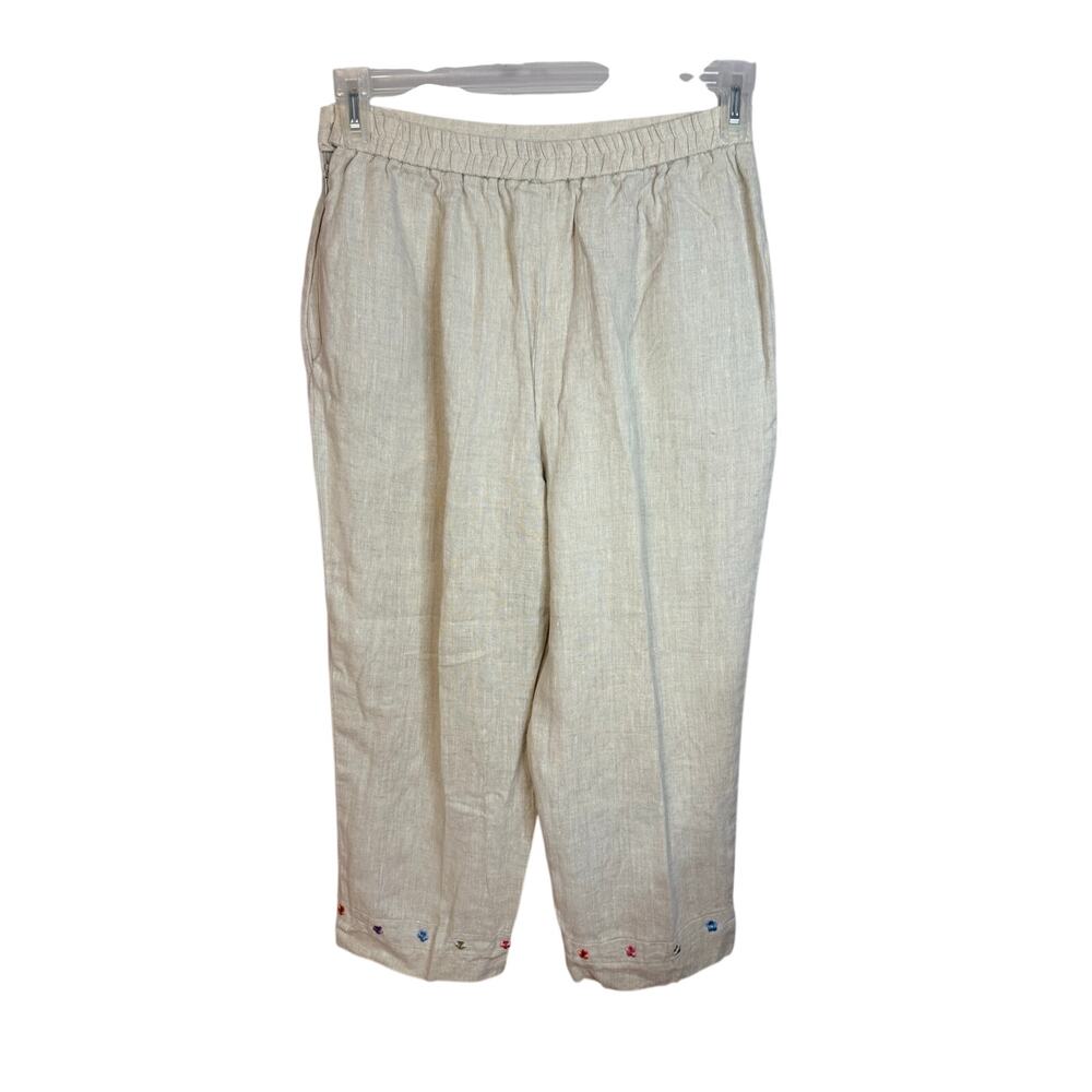 Talbots women’s light beige, cropped 100% linen trousers embroidery size 12